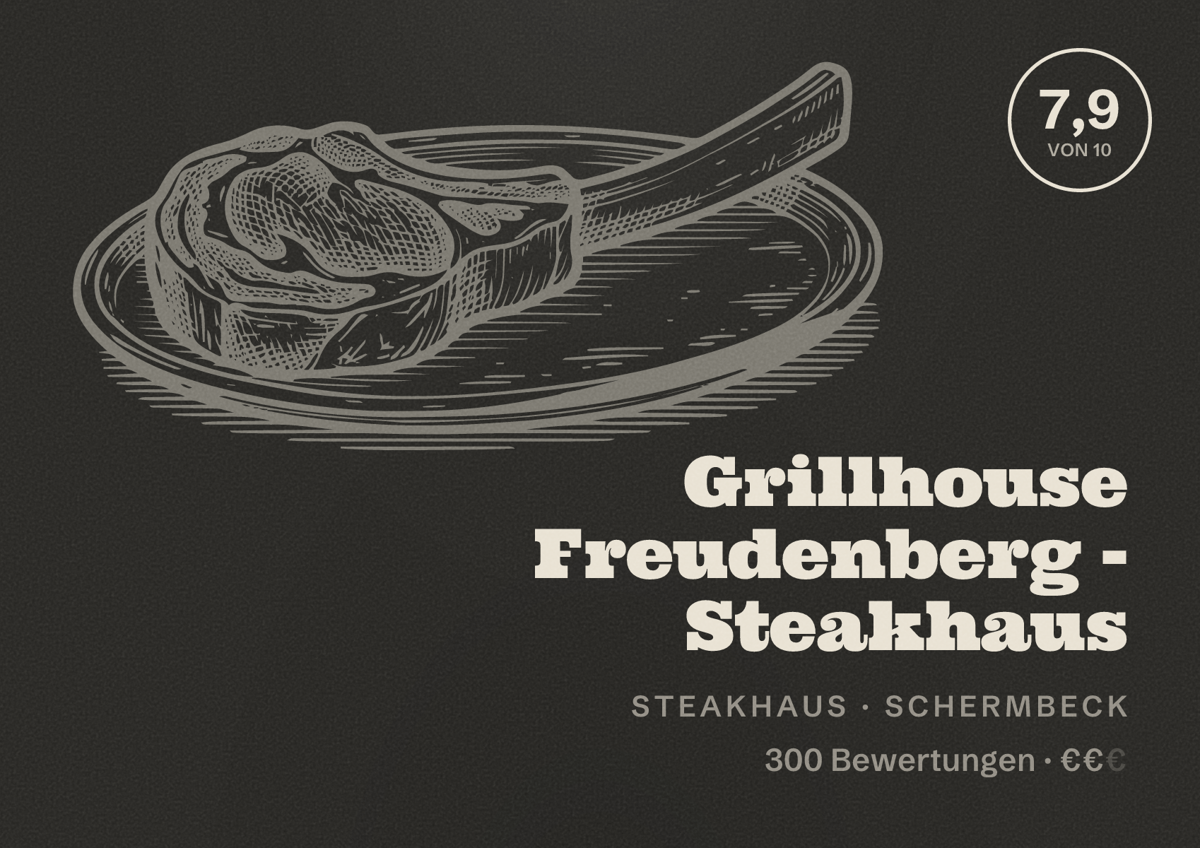 Illustriertes Poster von Grillhouse Freudenberg - Steakhaus, Steakhaus in Schermbeck: Bewertung 7,9 von 10 aus 300 Bewertungen, Preisniveau €€