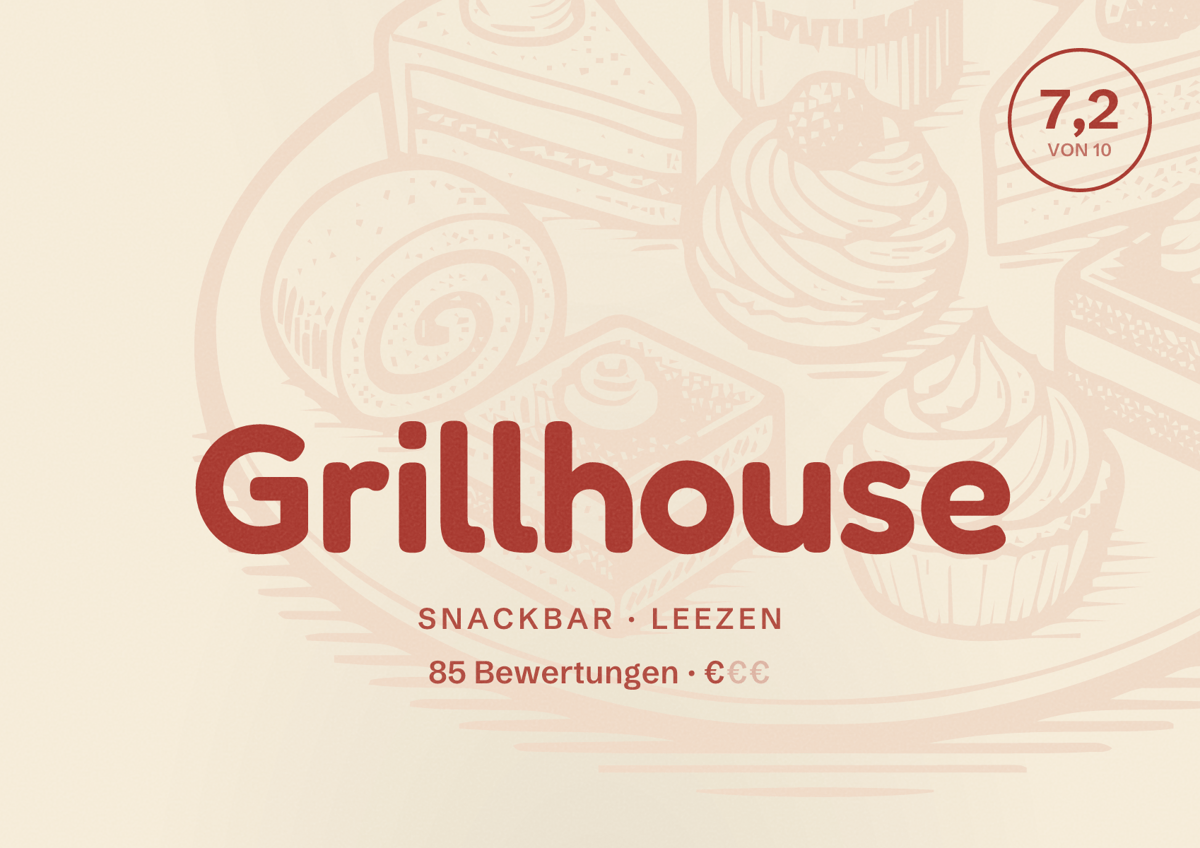 Illustriertes Poster von Grillhouse, Snackbar in Leezen: Bewertung 7,2 von 10 aus 85 Bewertungen, Preisniveau €