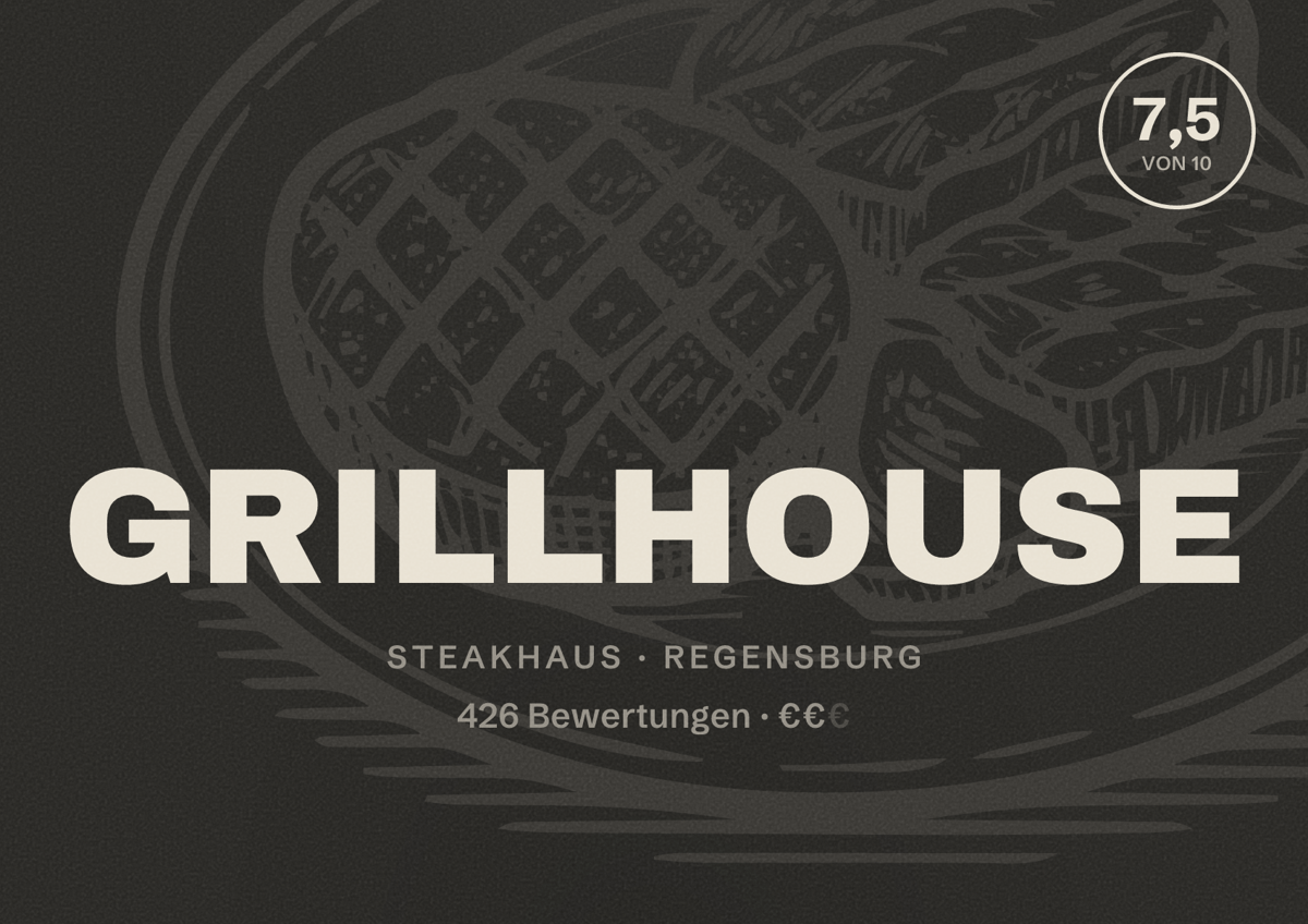Illustriertes Poster von GRILLHOUSE, Steakhaus in Regensburg: Bewertung 7,5 von 10 aus 426 Bewertungen, Preisniveau €€
