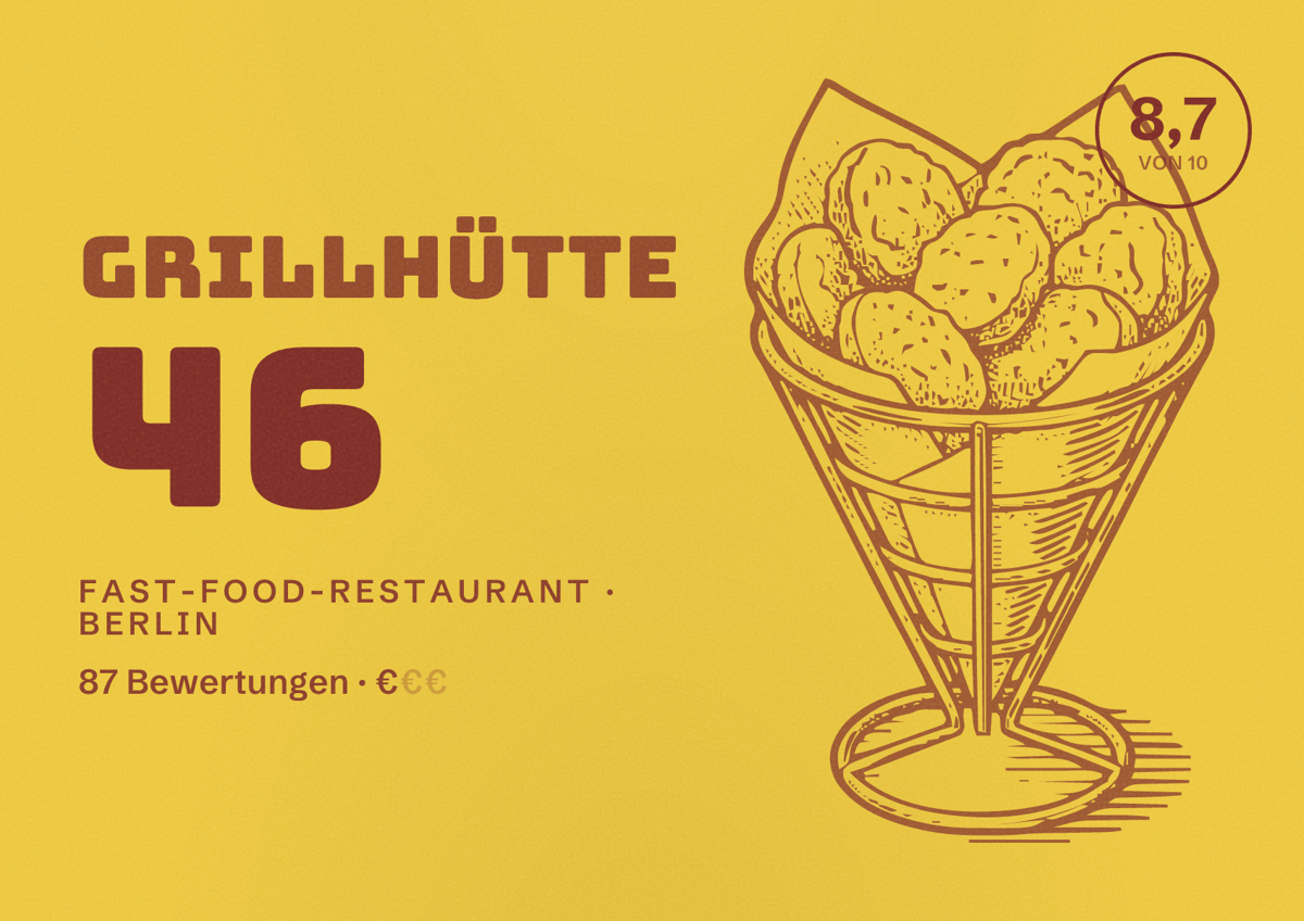 Illustriertes Poster von Grillhütte 46, Fast-Food-Restaurant in Berlin: Bewertung 8,7 von 10 aus 87 Bewertungen, Preisniveau €