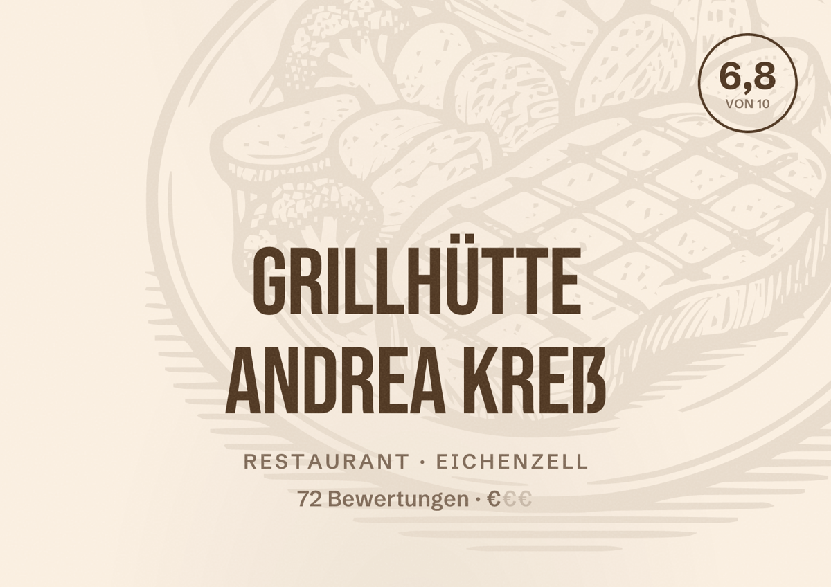Illustriertes Poster von Grillhütte Andrea Kreß, Restaurant in Eichenzell: Bewertung 6,8 von 10 aus 72 Bewertungen, Preisniveau €