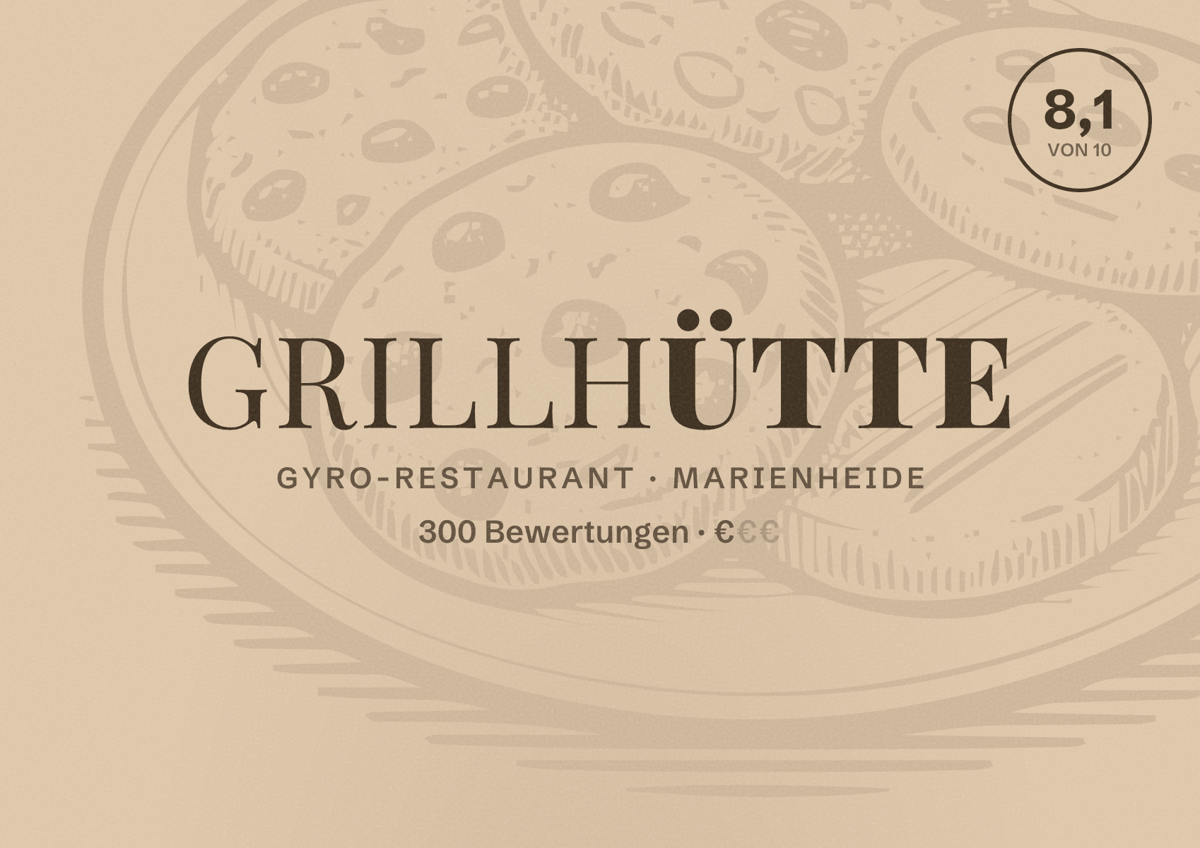 Illustriertes Poster von Grillhütte, Gyro-Restaurant in Marienheide: Bewertung 8,1 von 10 aus 300 Bewertungen, Preisniveau €
