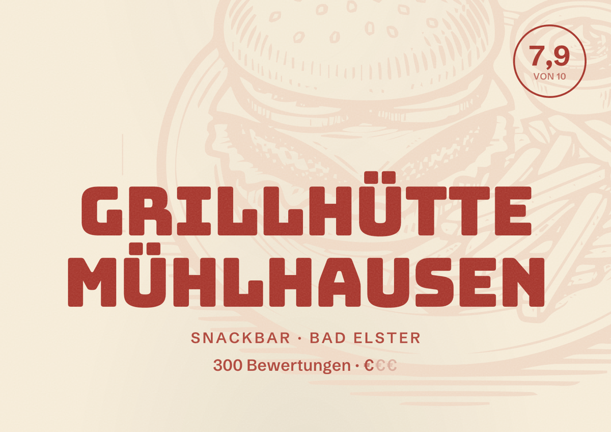Illustriertes Poster von Grillhütte Mühlhausen, Snackbar in Bad Elster: Bewertung 7,9 von 10 aus 300 Bewertungen, Preisniveau €