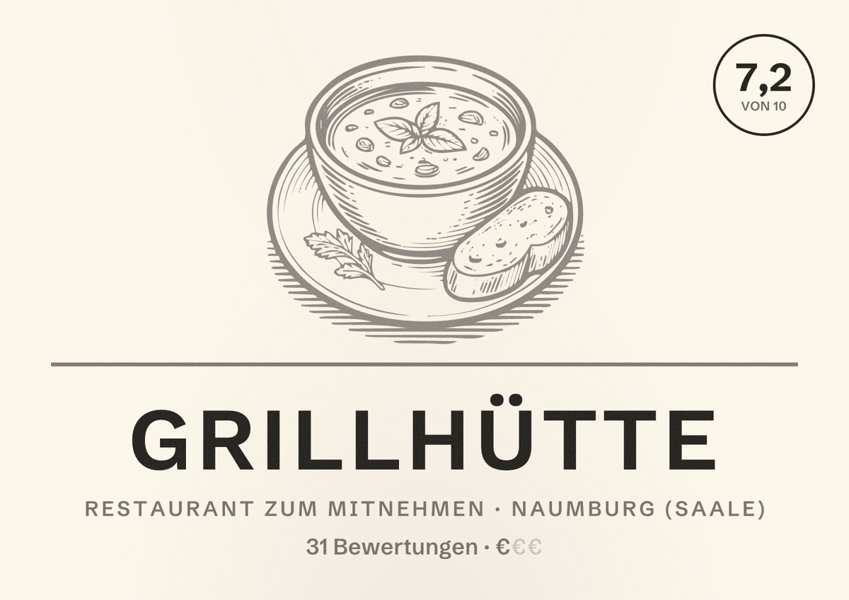Illustriertes Poster von Grillhütte, Restaurant zum Mitnehmen in Naumburg (Saale): Bewertung 7,2 von 10 aus 31 Bewertungen, Preisniveau €