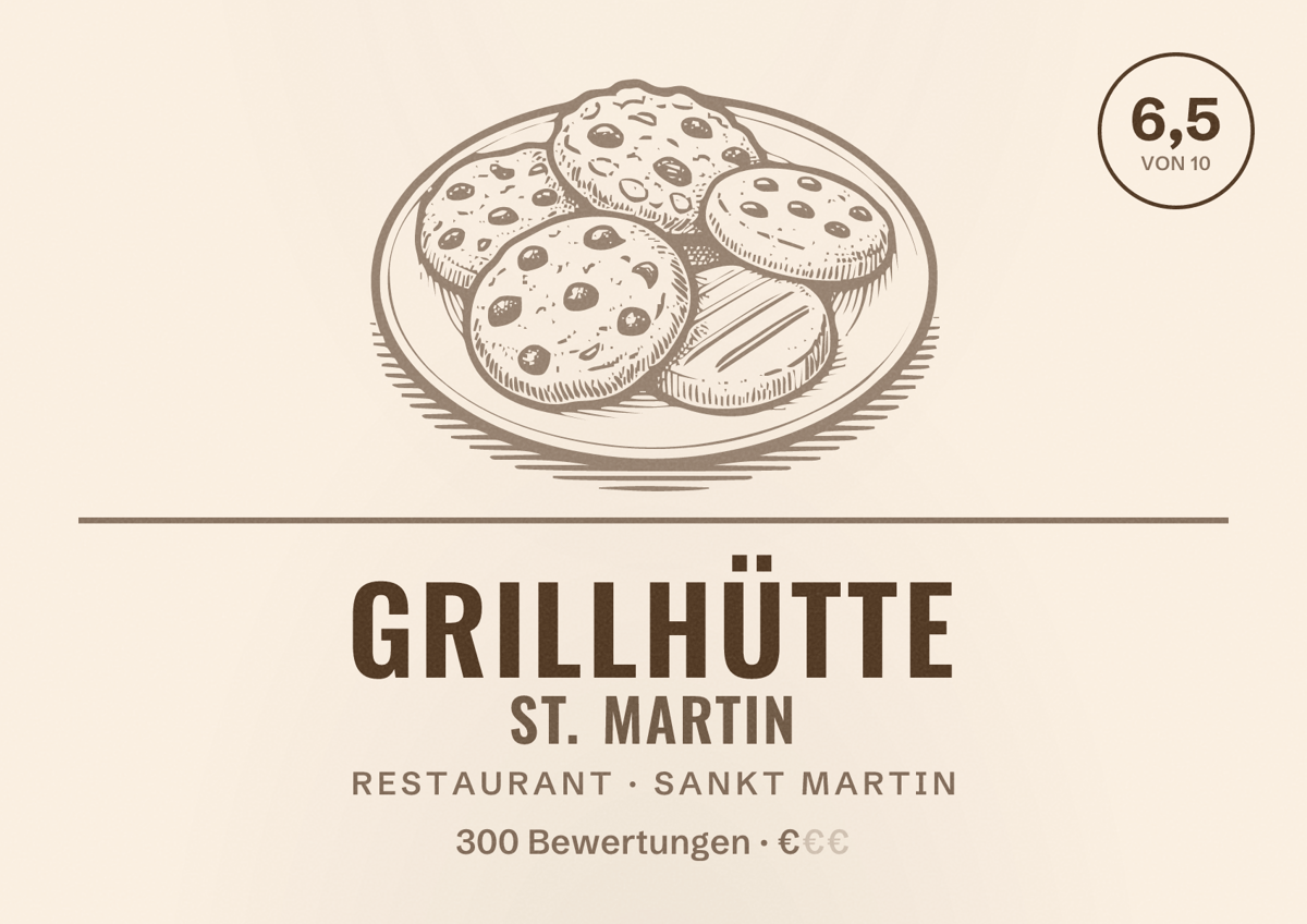 Illustriertes Poster von Grillhütte St. Martin, Restaurant in Sankt Martin: Bewertung 6,5 von 10 aus 300 Bewertungen, Preisniveau €