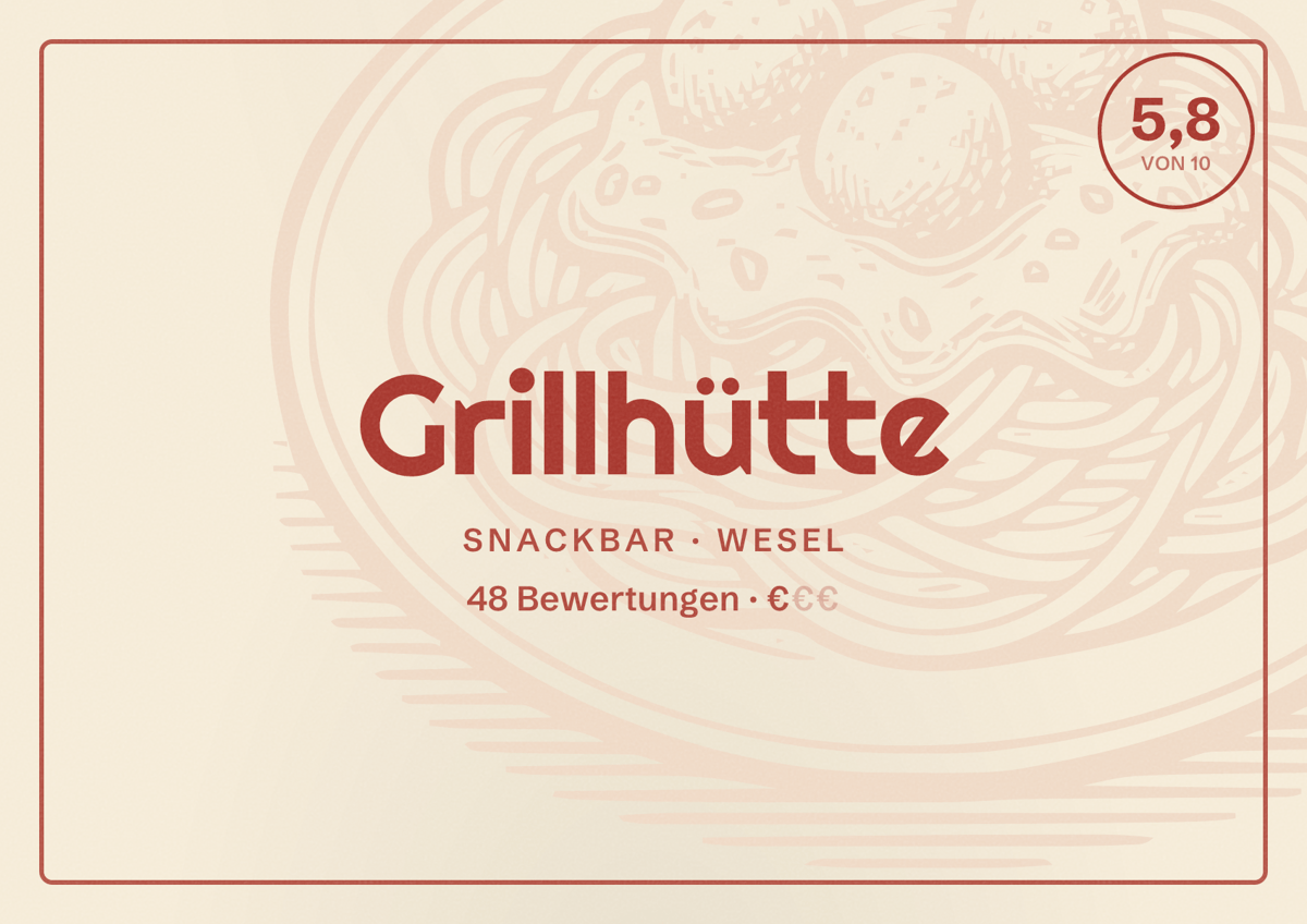 Illustriertes Poster von Grillhütte, Snackbar in Wesel: Bewertung 5,8 von 10 aus 48 Bewertungen, Preisniveau €