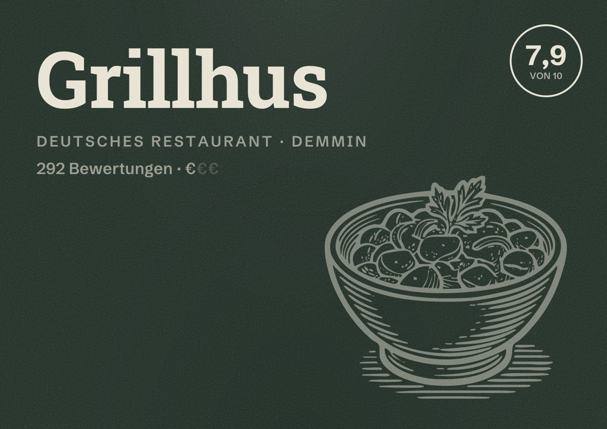 Illustriertes Poster von Grillhus, Deutsches Restaurant in Demmin: Bewertung 7,9 von 10 aus 292 Bewertungen, Preisniveau €