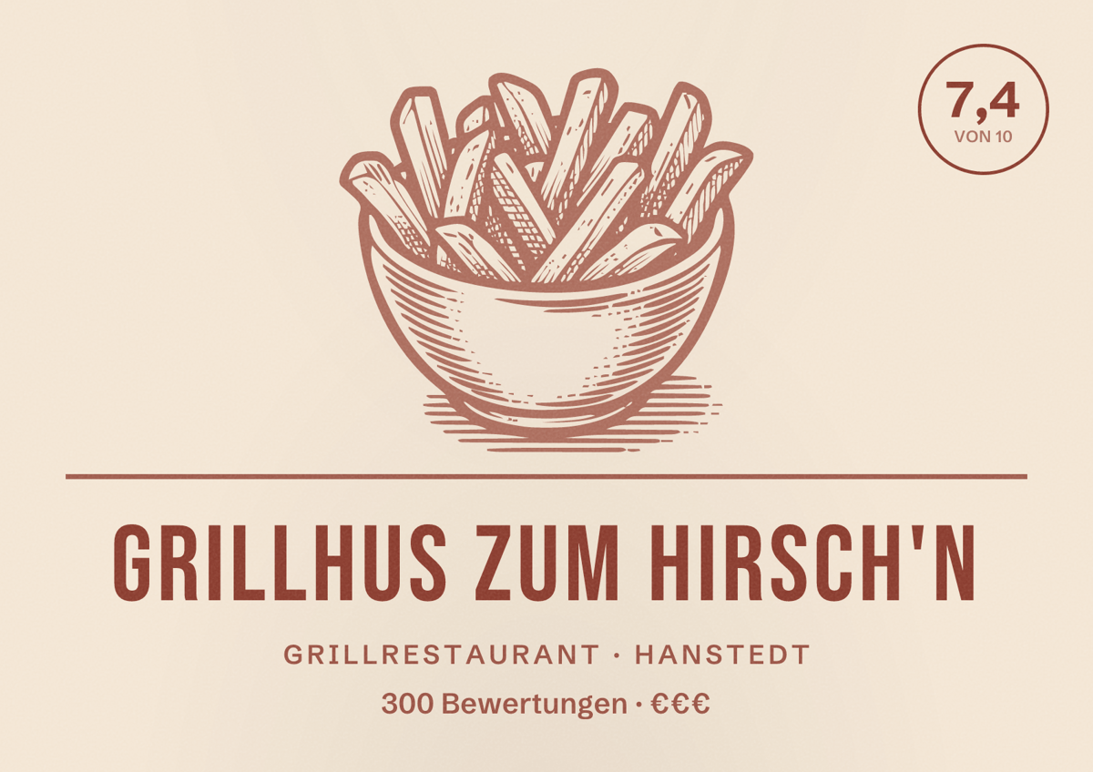 Illustriertes Poster von Grillhus zum Hirsch'n, Grillrestaurant in Hanstedt: Bewertung 7,4 von 10 aus 300 Bewertungen, Preisniveau €€€