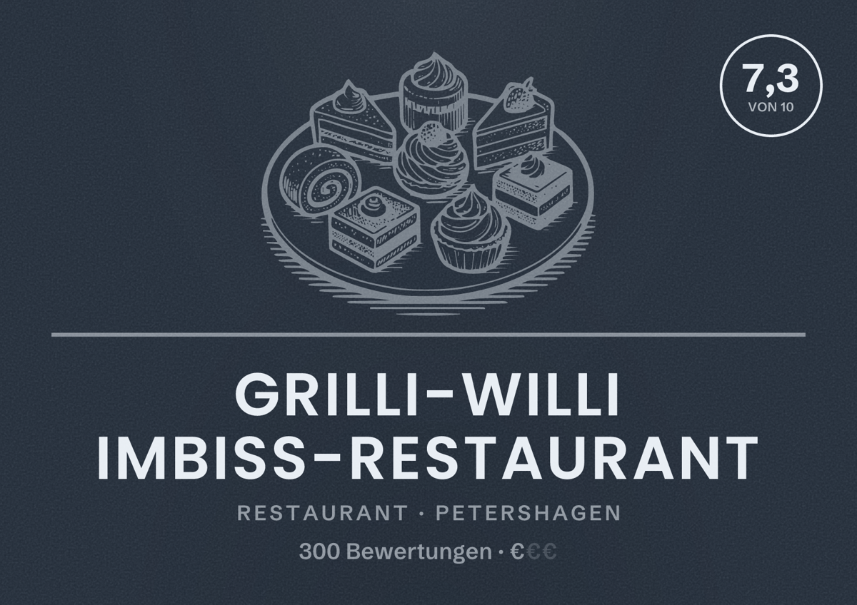 Illustriertes Poster von Grilli-Willi Imbiss-Restaurant, Restaurant in Petershagen: Bewertung 7,3 von 10 aus 300 Bewertungen, Preisniveau €