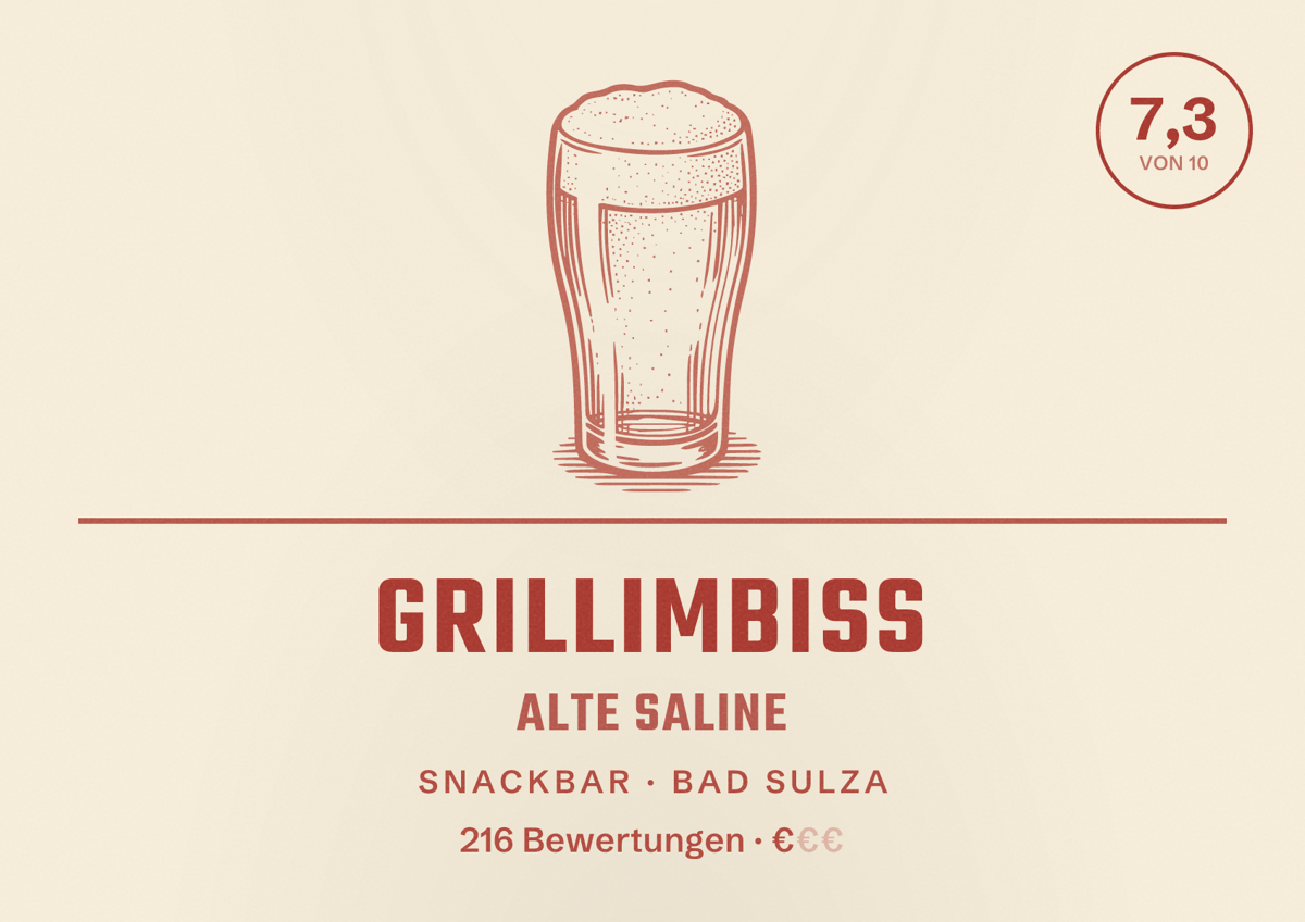 Illustriertes Poster von Grillimbiss Alte Saline, Snackbar in Bad Sulza: Bewertung 7,3 von 10 aus 216 Bewertungen, Preisniveau €