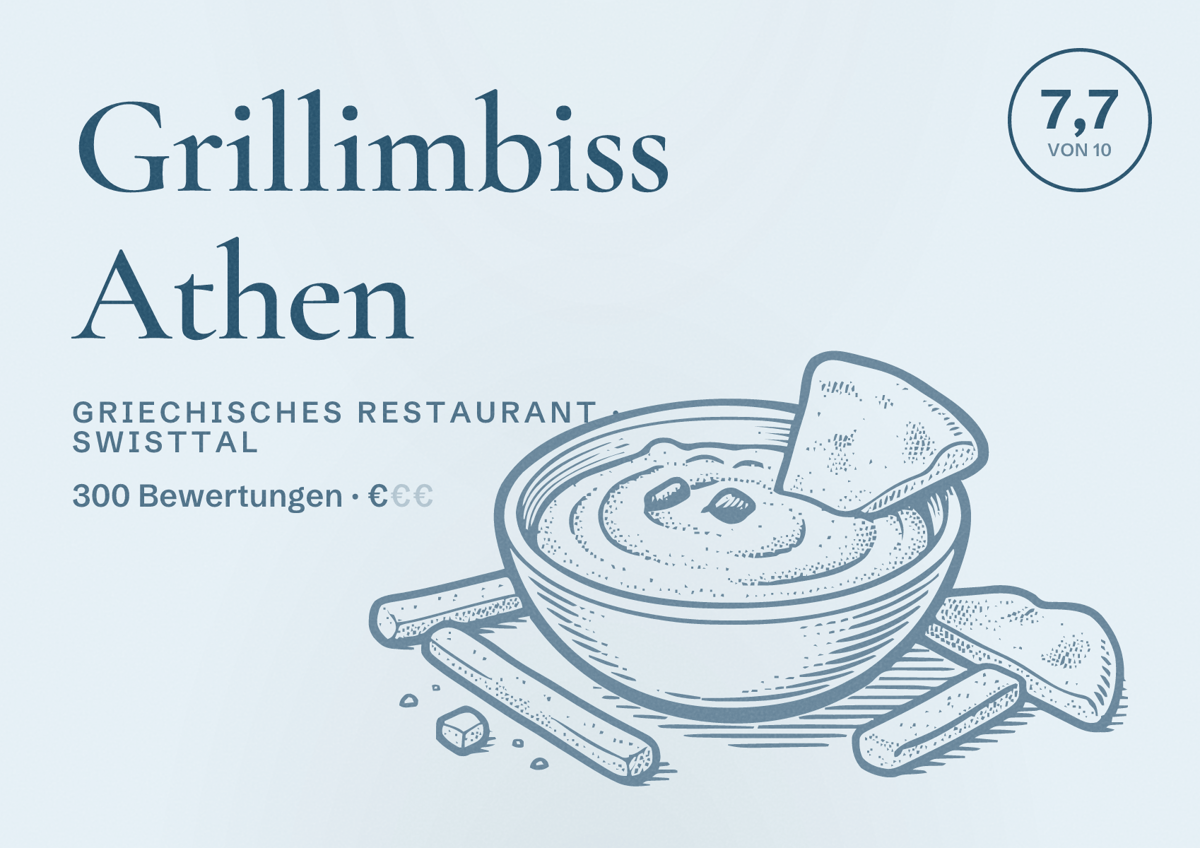 Illustriertes Poster von Grillimbiss Athen, Griechisches Restaurant in Swisttal: Bewertung 7,7 von 10 aus 300 Bewertungen, Preisniveau €