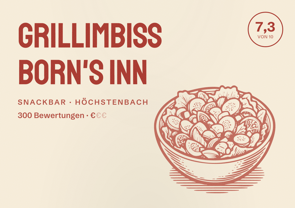 Illustriertes Poster von Grillimbiss Born's Inn, Snackbar in Höchstenbach: Bewertung 7,3 von 10 aus 300 Bewertungen, Preisniveau €