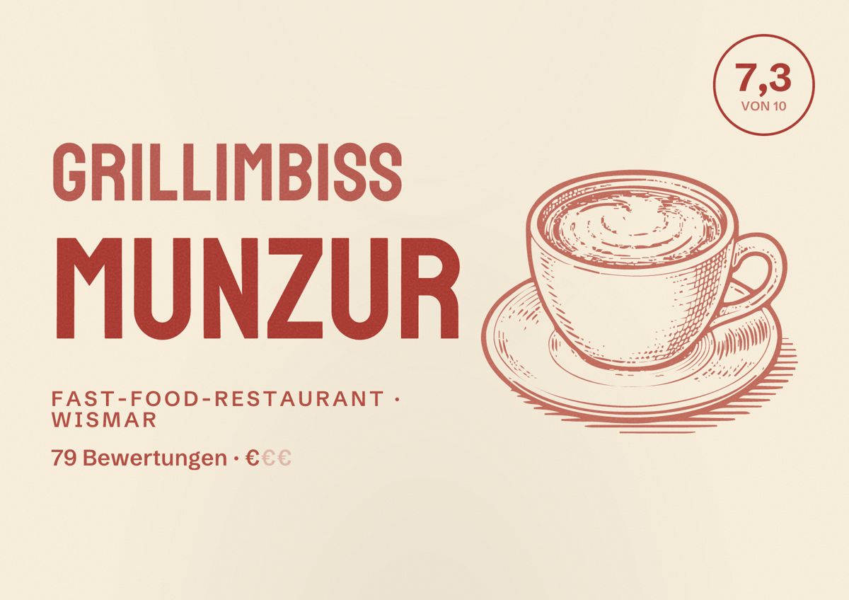Illustriertes Poster von Grillimbiss Munzur, Fast-Food-Restaurant in Wismar: Bewertung 7,3 von 10 aus 79 Bewertungen, Preisniveau €
