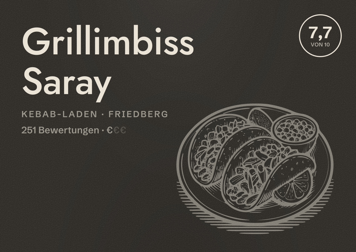 Illustriertes Poster von Grillimbiss Saray, Kebab-Laden in Friedberg: Bewertung 7,7 von 10 aus 251 Bewertungen, Preisniveau €