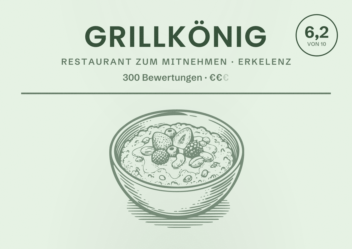 Illustriertes Poster von Grillkönig, Restaurant zum Mitnehmen in Erkelenz: Bewertung 6,2 von 10 aus 300 Bewertungen, Preisniveau €€