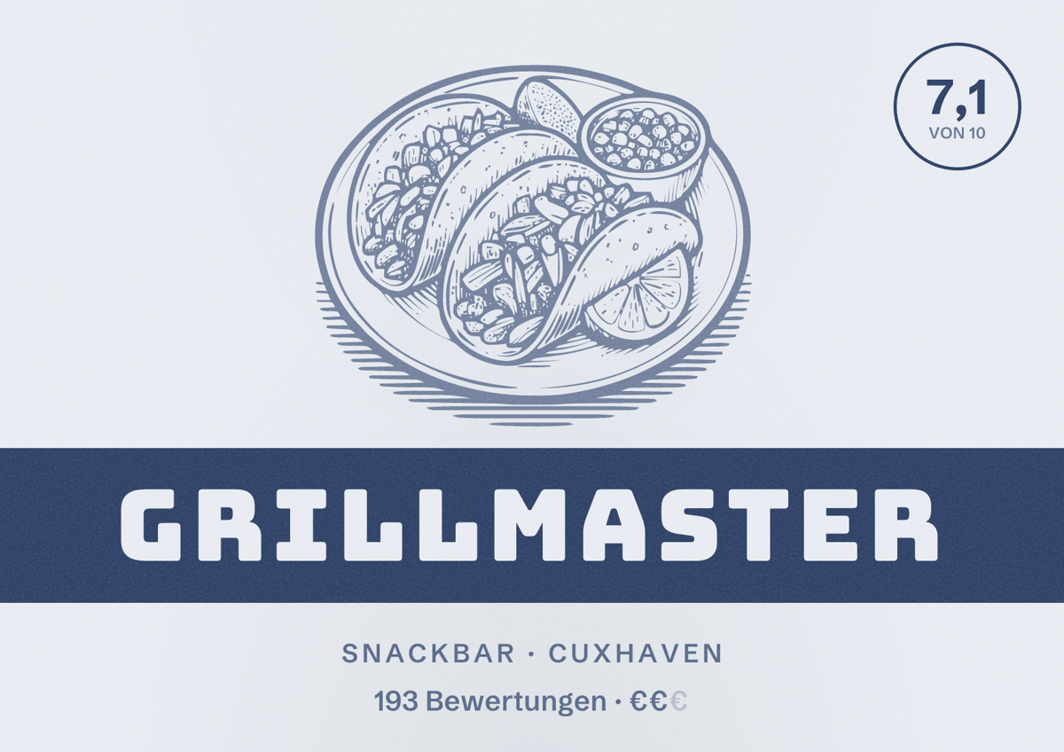 Illustriertes Poster von GrillMaster, Snackbar in Cuxhaven: Bewertung 7,1 von 10 aus 193 Bewertungen, Preisniveau €€