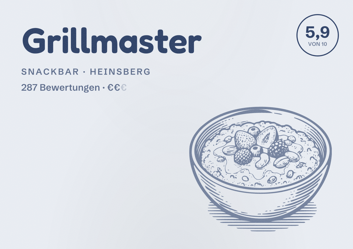 Illustriertes Poster von Grillmaster, Snackbar in Heinsberg: Bewertung 5,9 von 10 aus 287 Bewertungen, Preisniveau €€