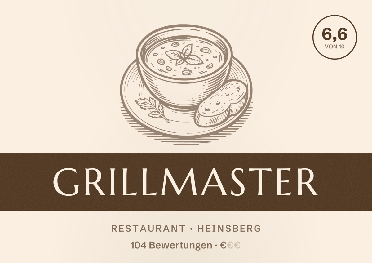 Illustriertes Poster von Grillmaster, Restaurant in Heinsberg: Bewertung 6,6 von 10 aus 104 Bewertungen, Preisniveau €