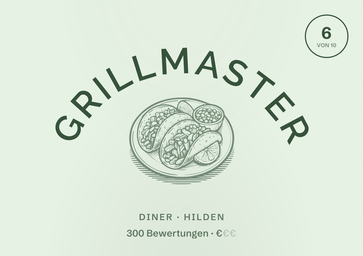 Illustriertes Poster von Grillmaster, Diner in Hilden: Bewertung 6 von 10 aus 300 Bewertungen, Preisniveau €