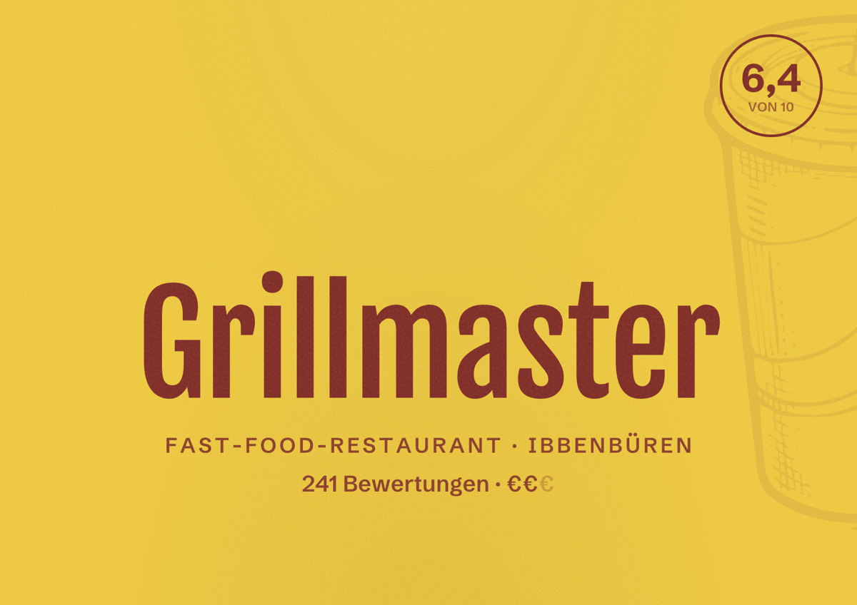 Illustriertes Poster von Grillmaster, Fast-Food-Restaurant in Ibbenbüren: Bewertung 6,4 von 10 aus 241 Bewertungen, Preisniveau €€