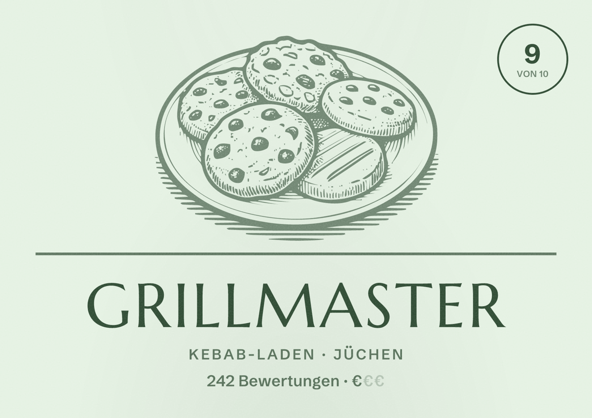 Illustriertes Poster von Grillmaster, Kebab-Laden in Jüchen: Bewertung 9 von 10 aus 242 Bewertungen, Preisniveau €