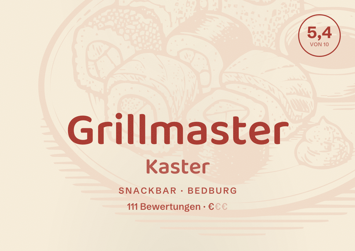 Illustriertes Poster von Grillmaster Kaster, Snackbar in Bedburg: Bewertung 5,4 von 10 aus 111 Bewertungen, Preisniveau €