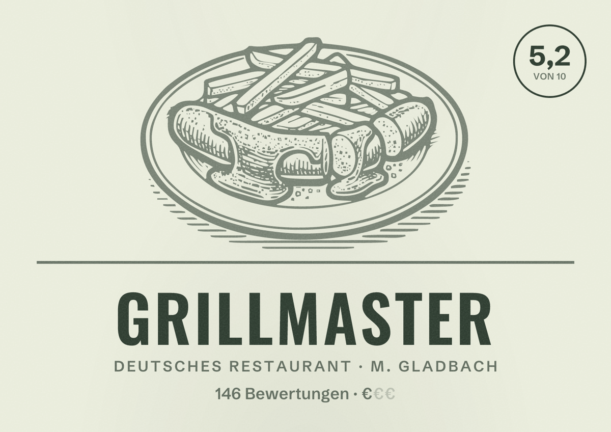 Illustriertes Poster von Grillmaster, Deutsches Restaurant in M. Gladbach: Bewertung 5,2 von 10 aus 146 Bewertungen, Preisniveau €