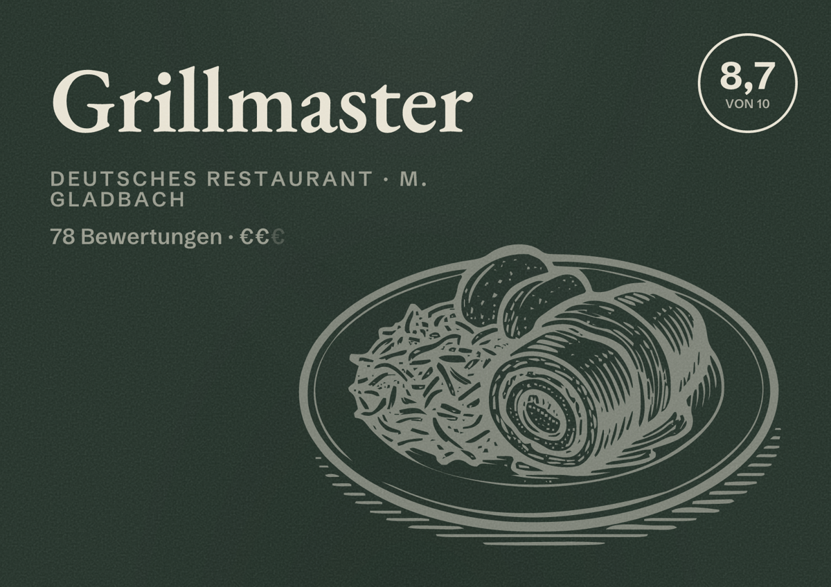Illustriertes Poster von Grillmaster, Deutsches Restaurant in M. Gladbach: Bewertung 8,7 von 10 aus 78 Bewertungen, Preisniveau €€
