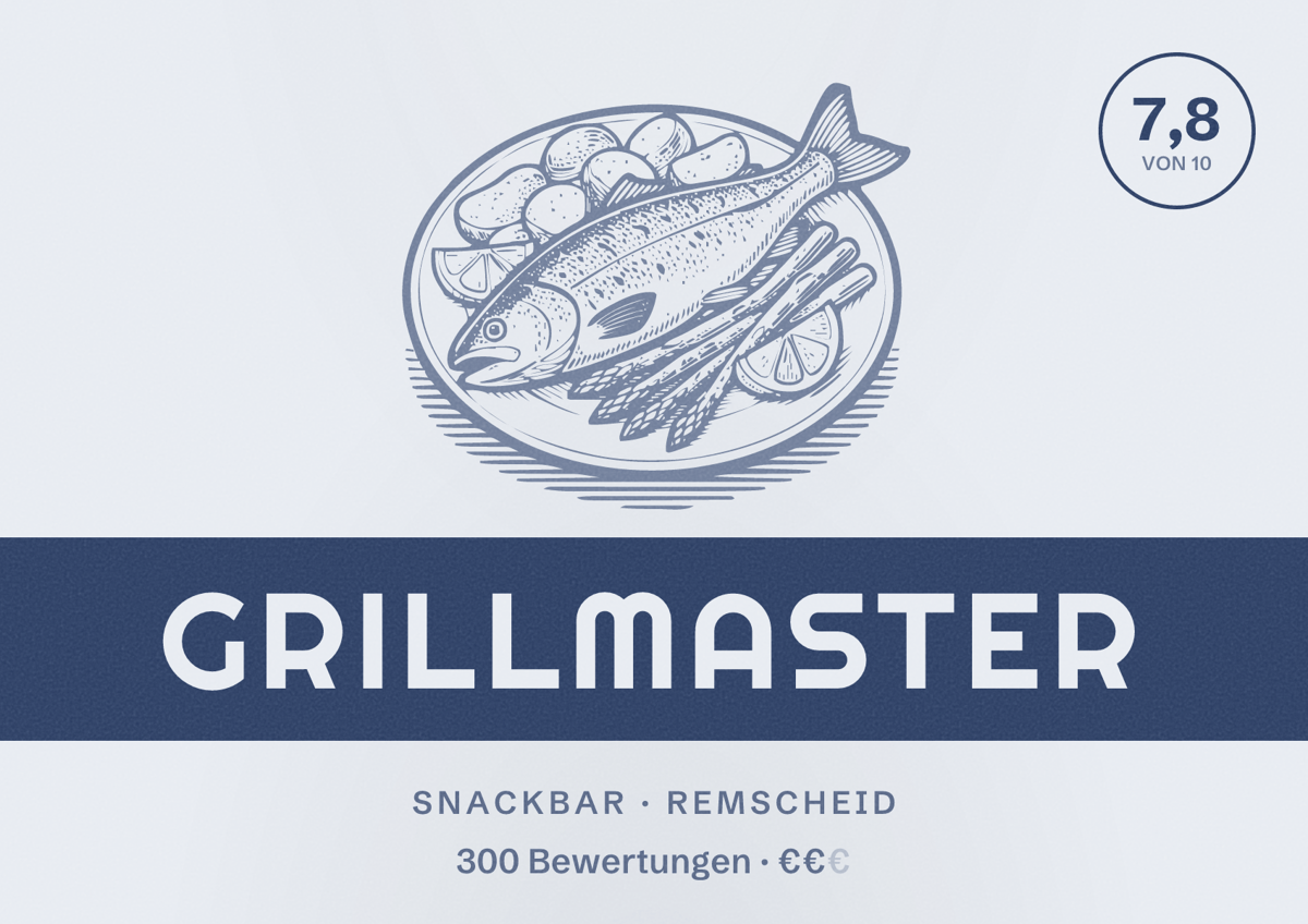 Illustriertes Poster von Grillmaster, Snackbar in Remscheid: Bewertung 7,8 von 10 aus 300 Bewertungen, Preisniveau €€