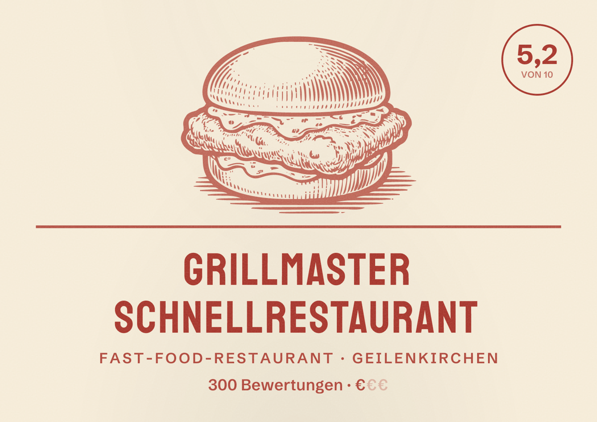 Illustriertes Poster von Grillmaster Schnellrestaurant, Fast-Food-Restaurant in Geilenkirchen: Bewertung 5,2 von 10 aus 300 Bewertungen, Preisniveau €