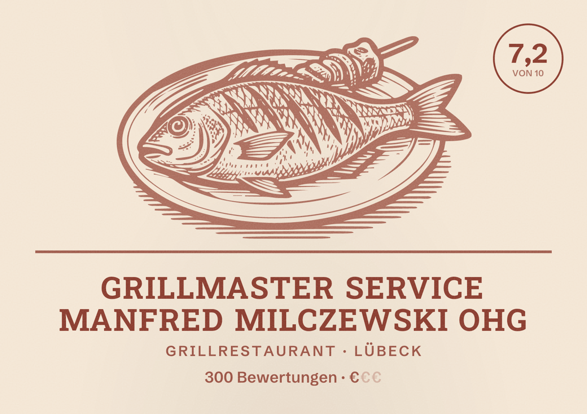 Illustriertes Poster von Grillmaster Service Manfred Milczewski OHG, Grillrestaurant in Lübeck: Bewertung 7,2 von 10 aus 300 Bewertungen, Preisniveau €