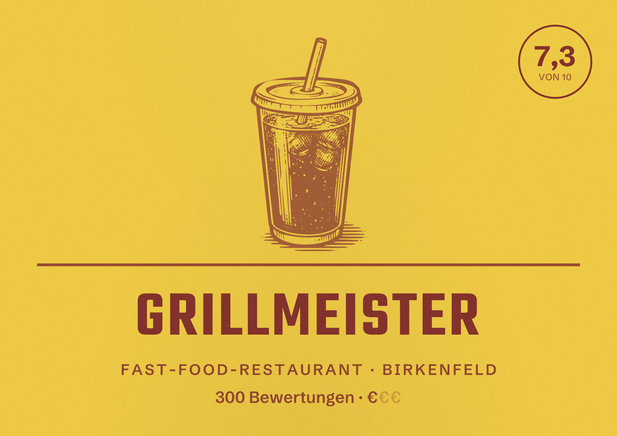 Illustriertes Poster von grillmeister, Fast-Food-Restaurant in Birkenfeld: Bewertung 7,3 von 10 aus 300 Bewertungen, Preisniveau €