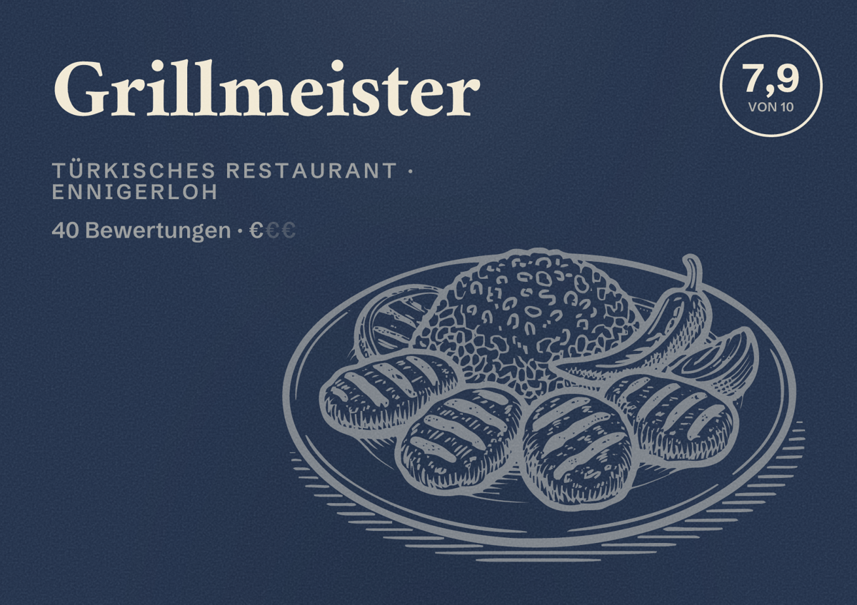 Illustriertes Poster von Grillmeister, Türkisches Restaurant in Ennigerloh: Bewertung 7,9 von 10 aus 40 Bewertungen, Preisniveau €