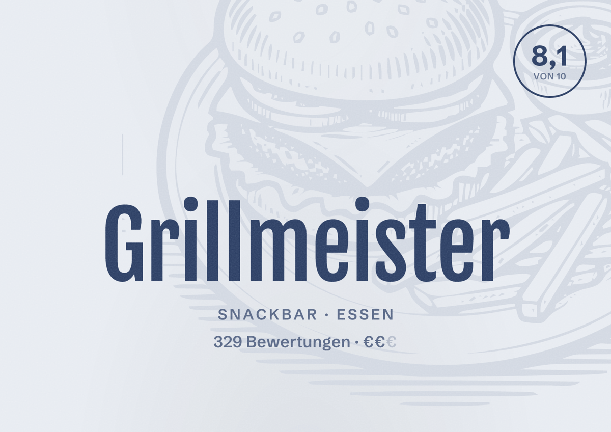 Illustriertes Poster von Grillmeister, Snackbar in Essen: Bewertung 8,1 von 10 aus 329 Bewertungen, Preisniveau €€