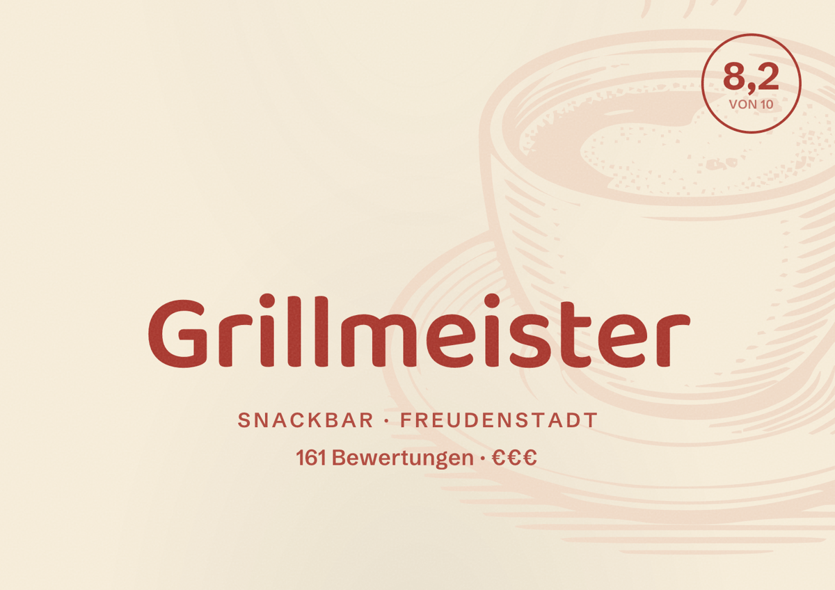 Illustriertes Poster von Grillmeister, Snackbar in Freudenstadt: Bewertung 8,2 von 10 aus 161 Bewertungen, Preisniveau €€€