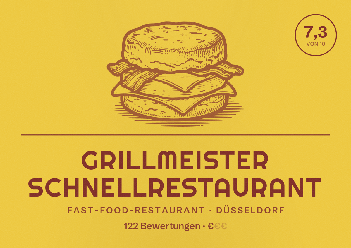 Illustriertes Poster von Grillmeister Schnellrestaurant, Fast-Food-Restaurant in Düsseldorf: Bewertung 7,3 von 10 aus 122 Bewertungen, Preisniveau €