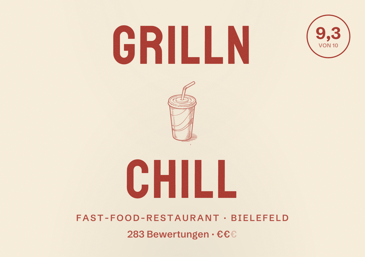 Illustriertes Poster von Grilln Chill, Fast-Food-Restaurant in Bielefeld: Bewertung 9,3 von 10 aus 283 Bewertungen, Preisniveau €€