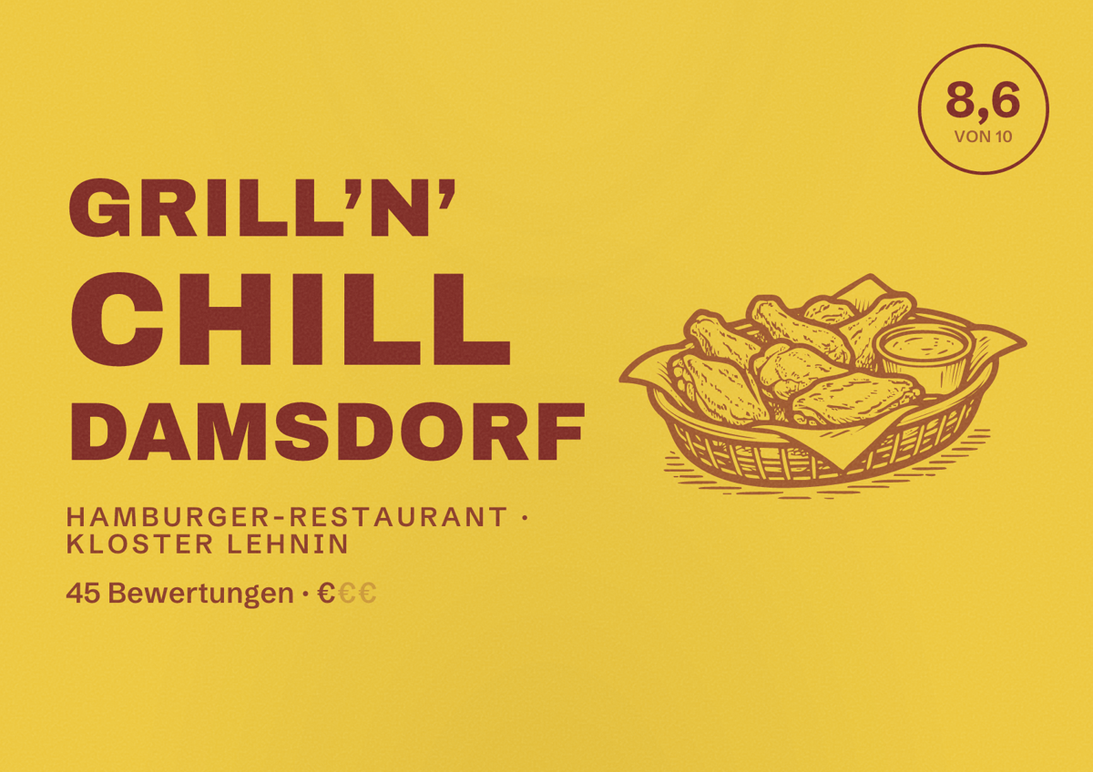 Illustriertes Poster von Grill’N’ Chill Damsdorf, Hamburger-Restaurant in Kloster Lehnin: Bewertung 8,6 von 10 aus 45 Bewertungen, Preisniveau €