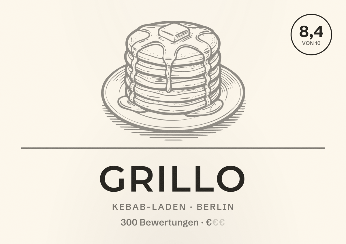 Illustriertes Poster von Grillo, Kebab-Laden in Berlin: Bewertung 8,4 von 10 aus 300 Bewertungen, Preisniveau €