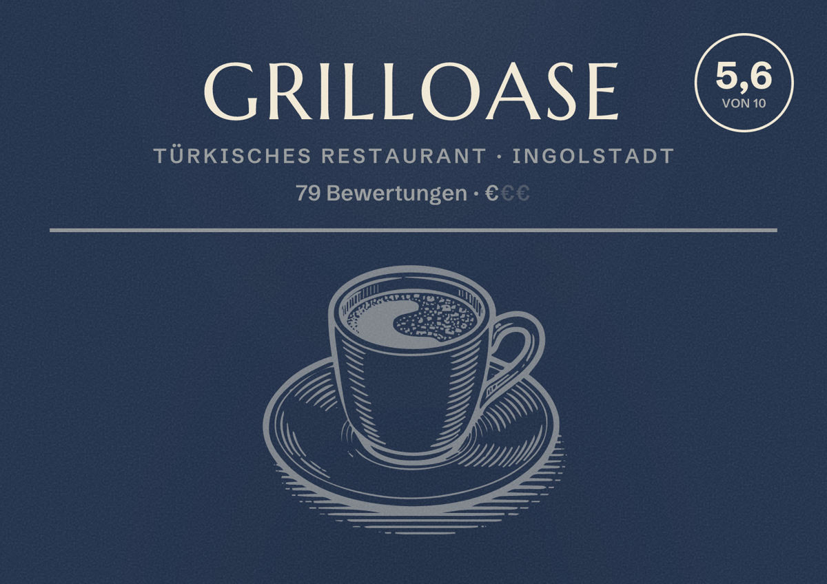 Illustriertes Poster von Grilloase, Türkisches Restaurant in Ingolstadt: Bewertung 5,6 von 10 aus 79 Bewertungen, Preisniveau €