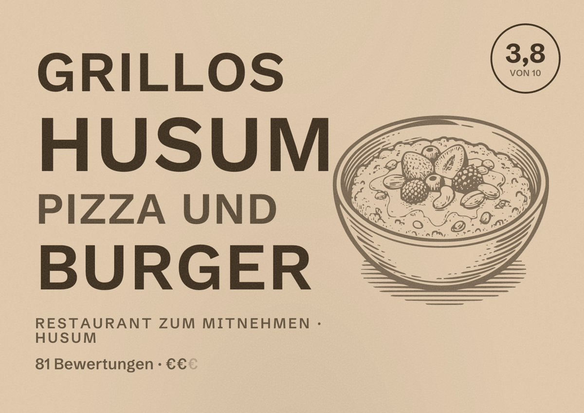 Illustriertes Poster von Grillos Husum Pizza und Burger, Restaurant zum Mitnehmen in Husum: Bewertung 3,8 von 10 aus 81 Bewertungen, Preisniveau €€