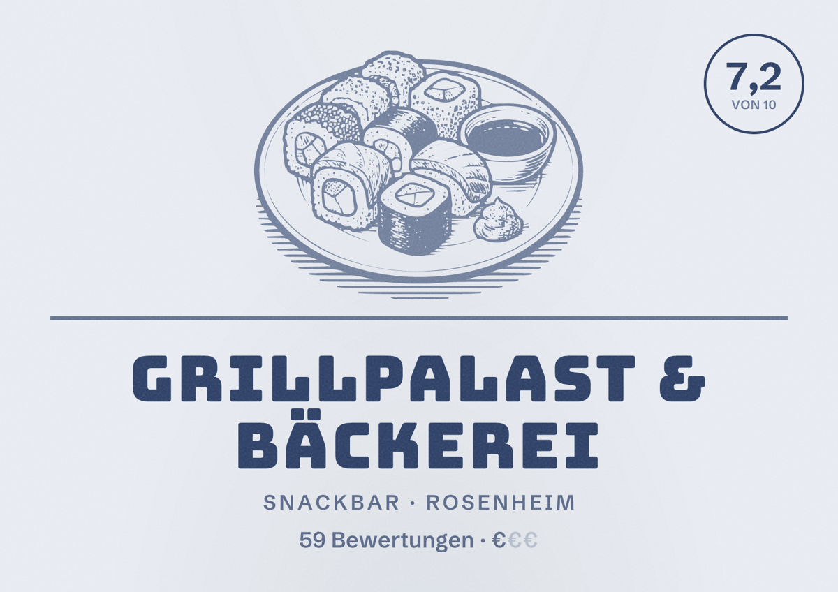 Illustriertes Poster von Grillpalast & Bäckerei, Snackbar in Rosenheim: Bewertung 7,2 von 10 aus 59 Bewertungen, Preisniveau €