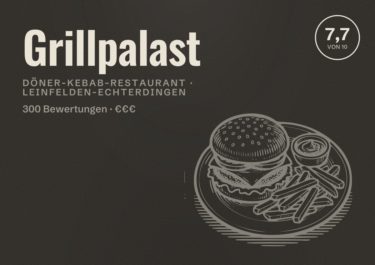 Illustriertes Poster von Grillpalast, Döner-Kebab-Restaurant in Leinfelden-Echterdingen: Bewertung 7,7 von 10 aus 300 Bewertungen, Preisniveau €€€