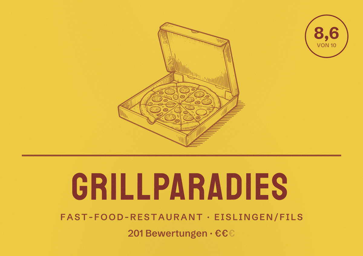 Illustriertes Poster von Grillparadies, Fast-Food-Restaurant in Eislingen/Fils: Bewertung 8,6 von 10 aus 201 Bewertungen, Preisniveau €€