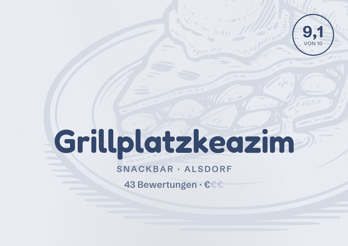 Illustriertes Poster von Grillplatzkeazim, Snackbar in Alsdorf: Bewertung 9,1 von 10 aus 43 Bewertungen, Preisniveau €