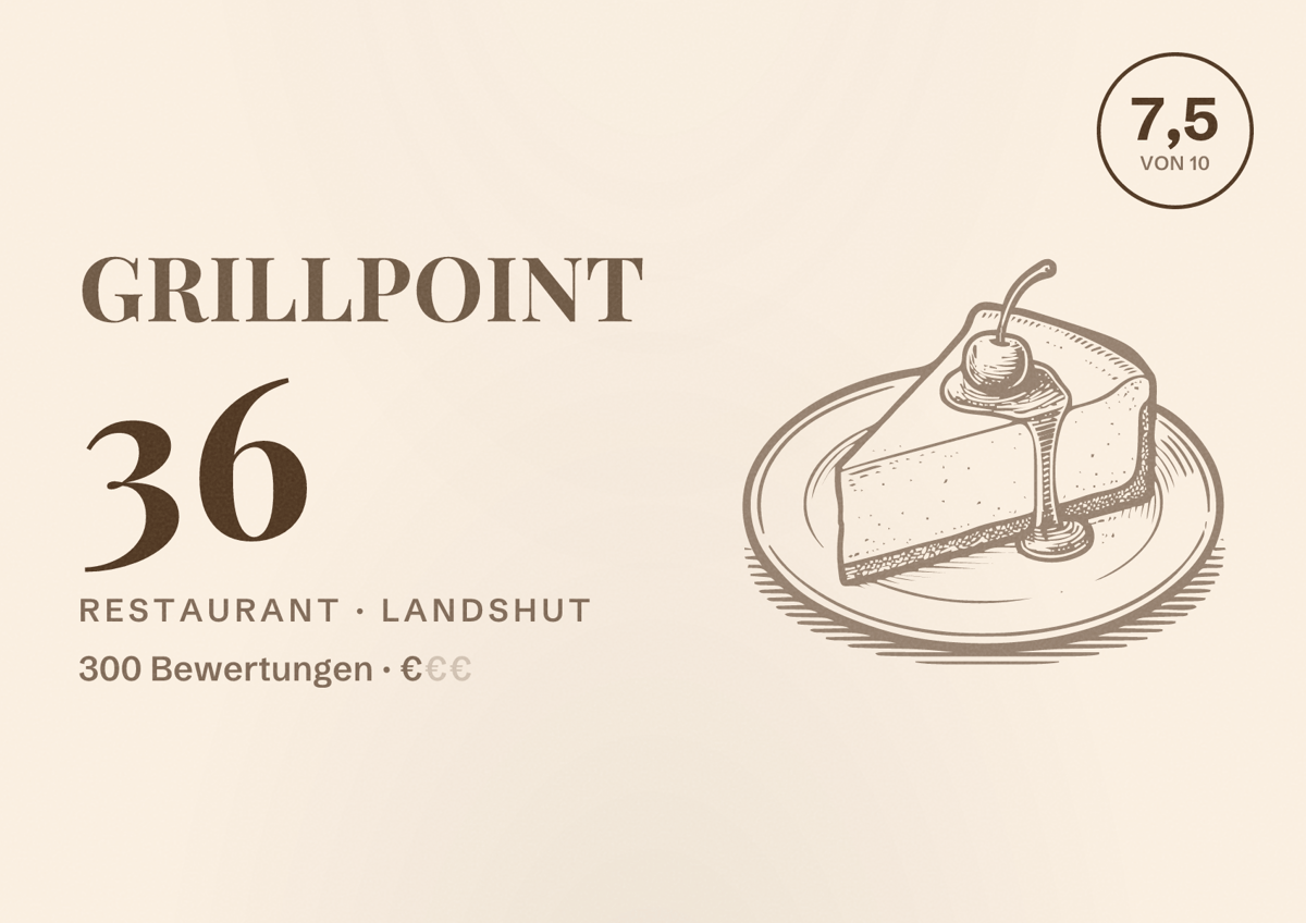 Illustriertes Poster von Grillpoint 36, Restaurant in Landshut: Bewertung 7,5 von 10 aus 300 Bewertungen, Preisniveau €