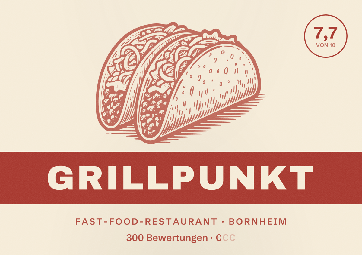 Illustriertes Poster von GRILLPUNKT, Fast-Food-Restaurant in Bornheim: Bewertung 7,7 von 10 aus 300 Bewertungen, Preisniveau €