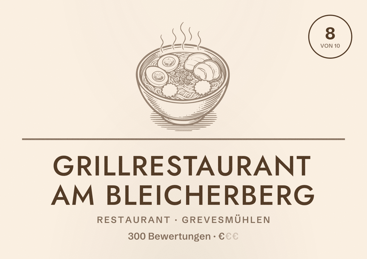 Illustriertes Poster von Grillrestaurant am Bleicherberg, Restaurant in Grevesmühlen: Bewertung 8 von 10 aus 300 Bewertungen, Preisniveau €