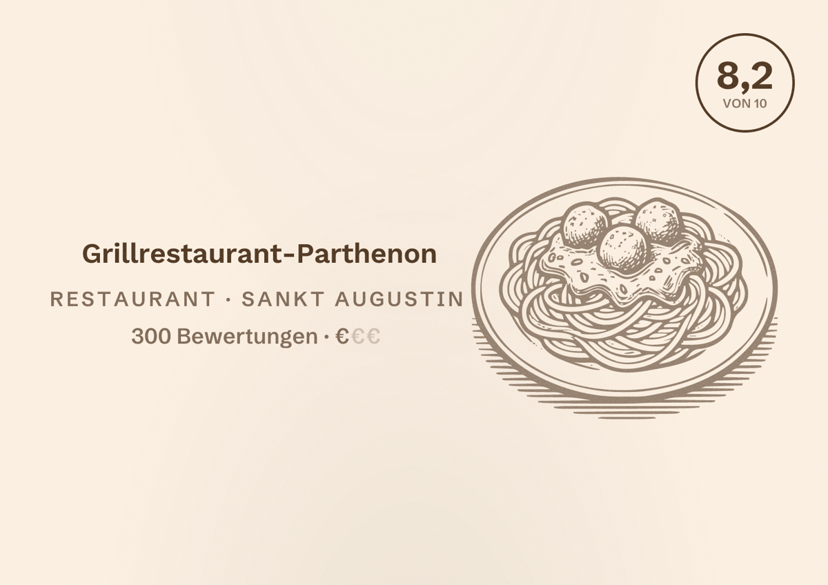 Illustriertes Poster von Grillrestaurant-Parthenon, Restaurant in Sankt Augustin: Bewertung 8,2 von 10 aus 300 Bewertungen, Preisniveau €