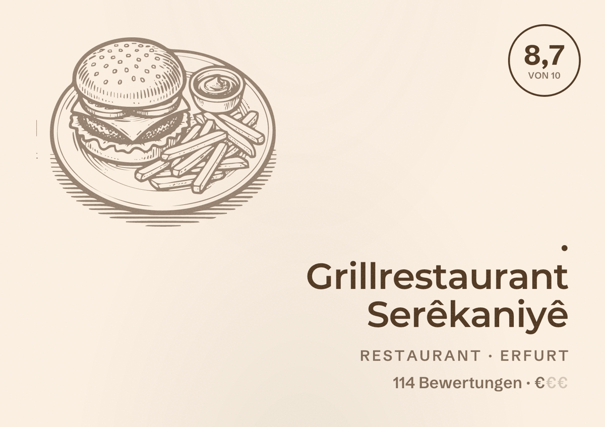 Illustriertes Poster von . Grillrestaurant Serêkaniyê, Restaurant in Erfurt: Bewertung 8,7 von 10 aus 114 Bewertungen, Preisniveau €